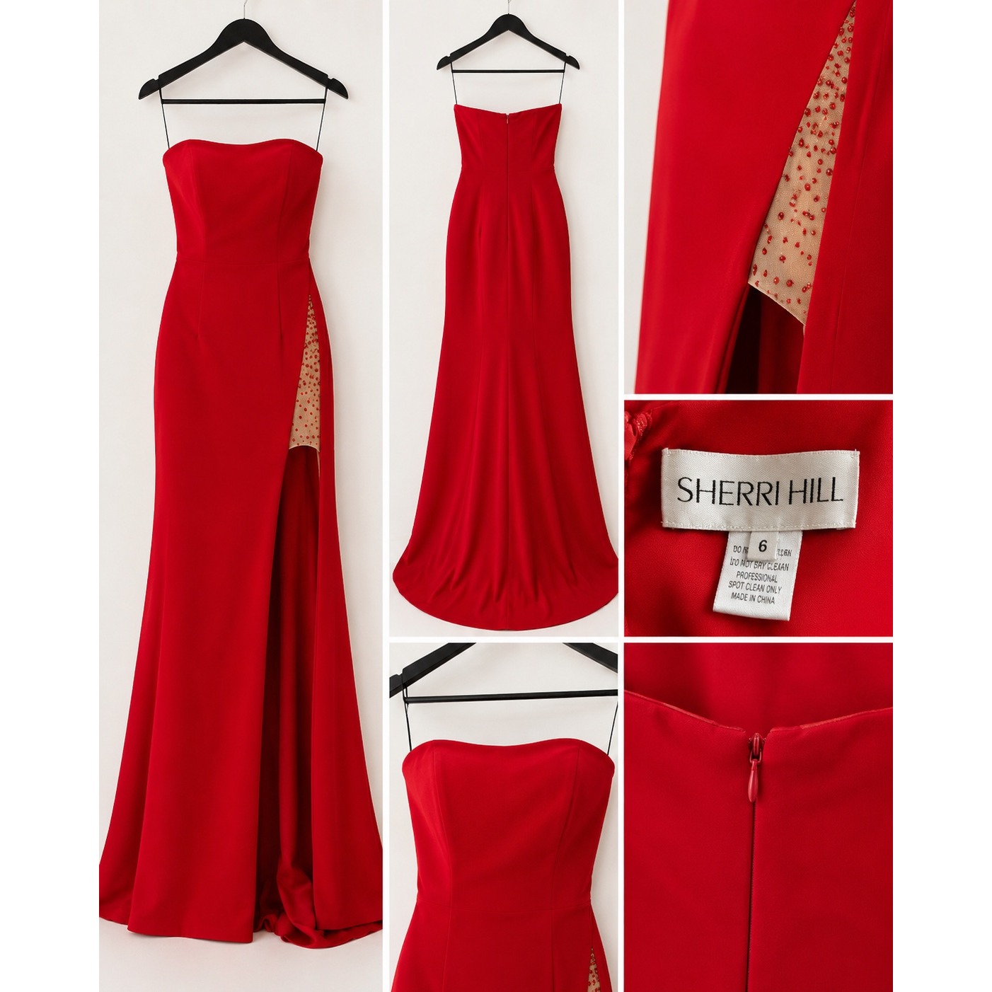 Sherri Hill Red Strapless High Slit Rhinestone Mesh Formal Gown Dress Size 6